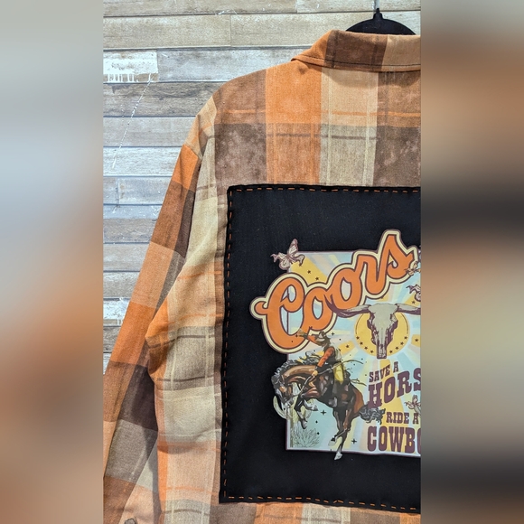 Coors Save A Horse Ride A Cowboy Upcycled Dip Dye Bleach Woven Button Down Shirt - Picture 3 of 15